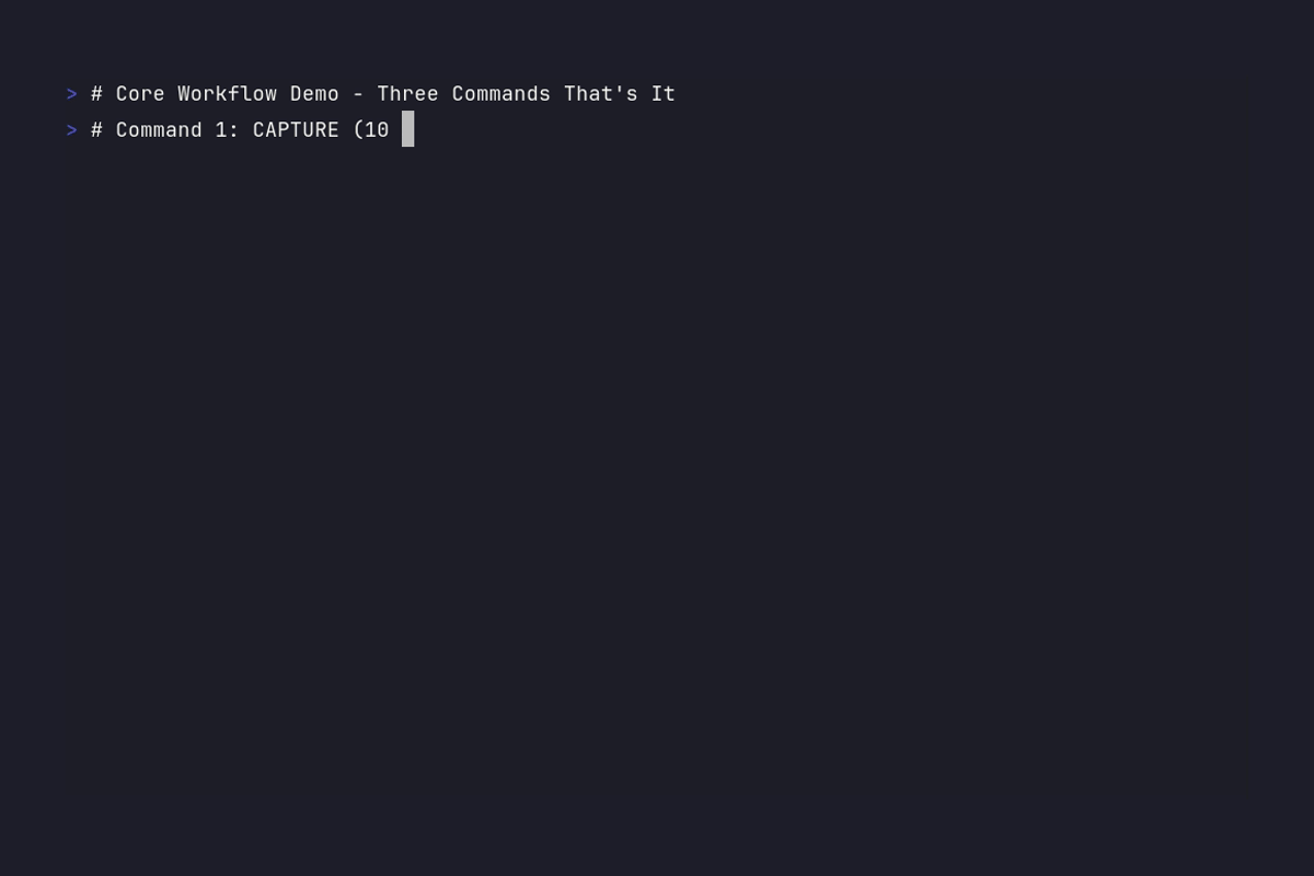 Animated demonstration showing core uroboro workflow: capture command followed by status command followed by publish command, displaying terminal output for each step
